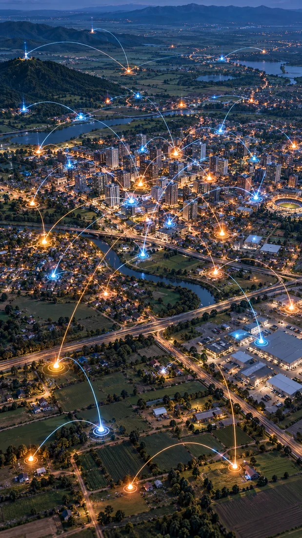 Red de conexiones sobre una ciudad